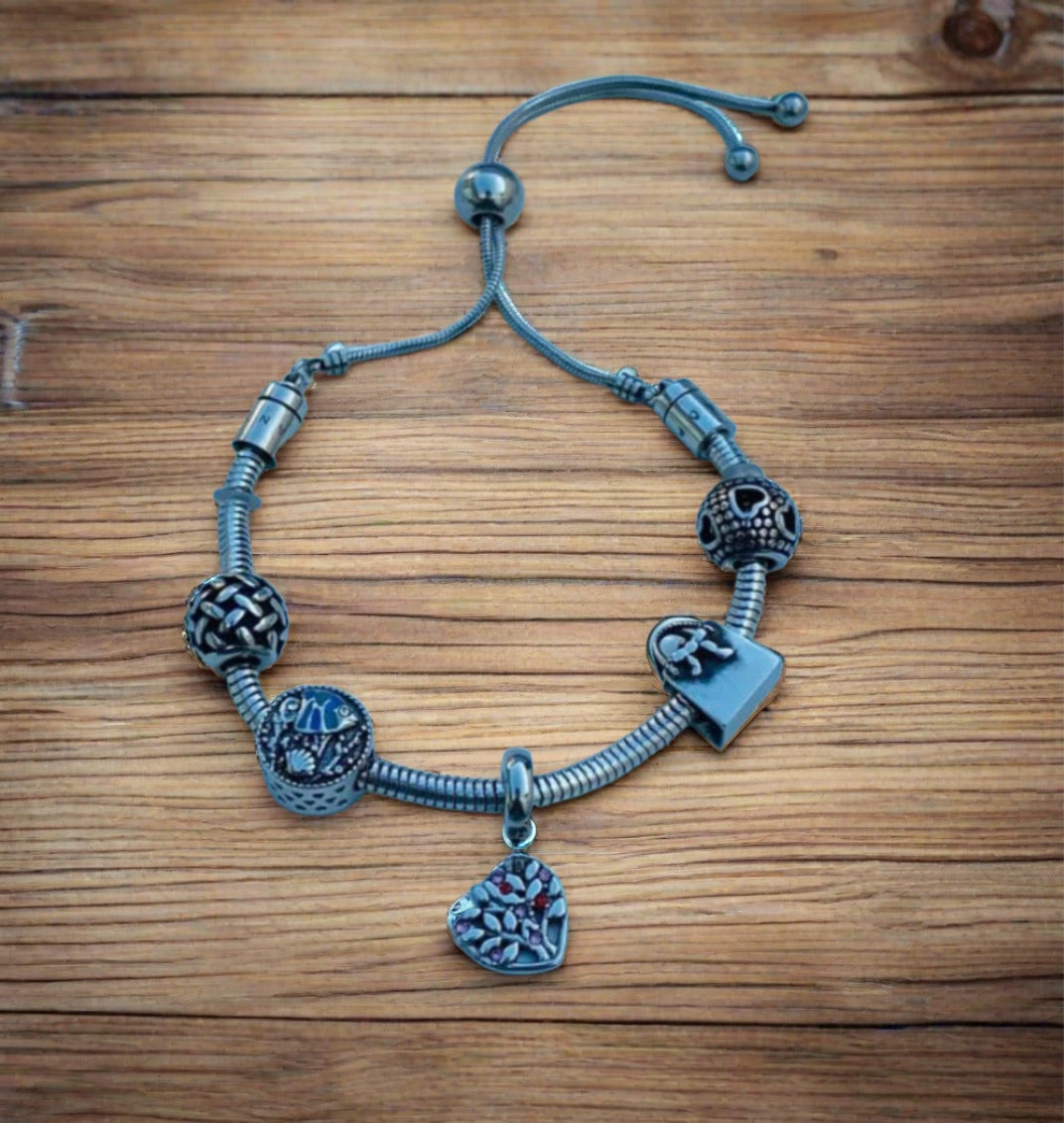 Life, Snake Chain Slider Bracelet with Dangle Charms