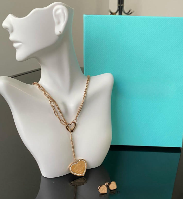 Heart on heart Tag Pendant and earrings