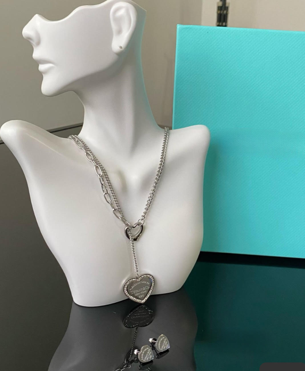 Heart on heart Tag Pendant and earrings